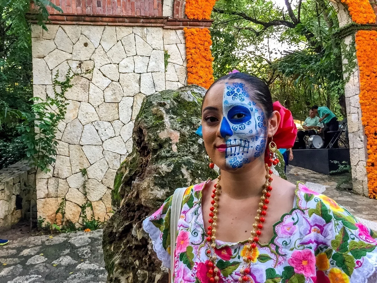 Woman wearing skeleton face paint 