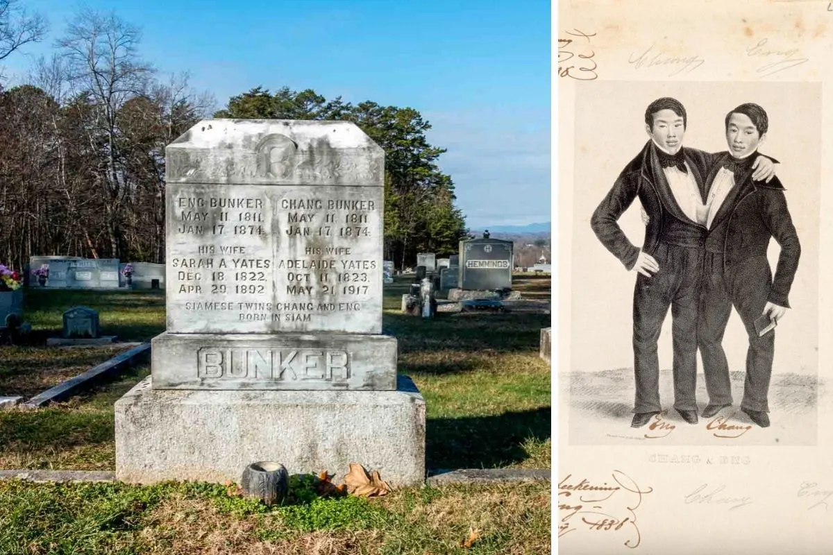 Tombstone of Eng and Chang Bunker alongside a drawing of them