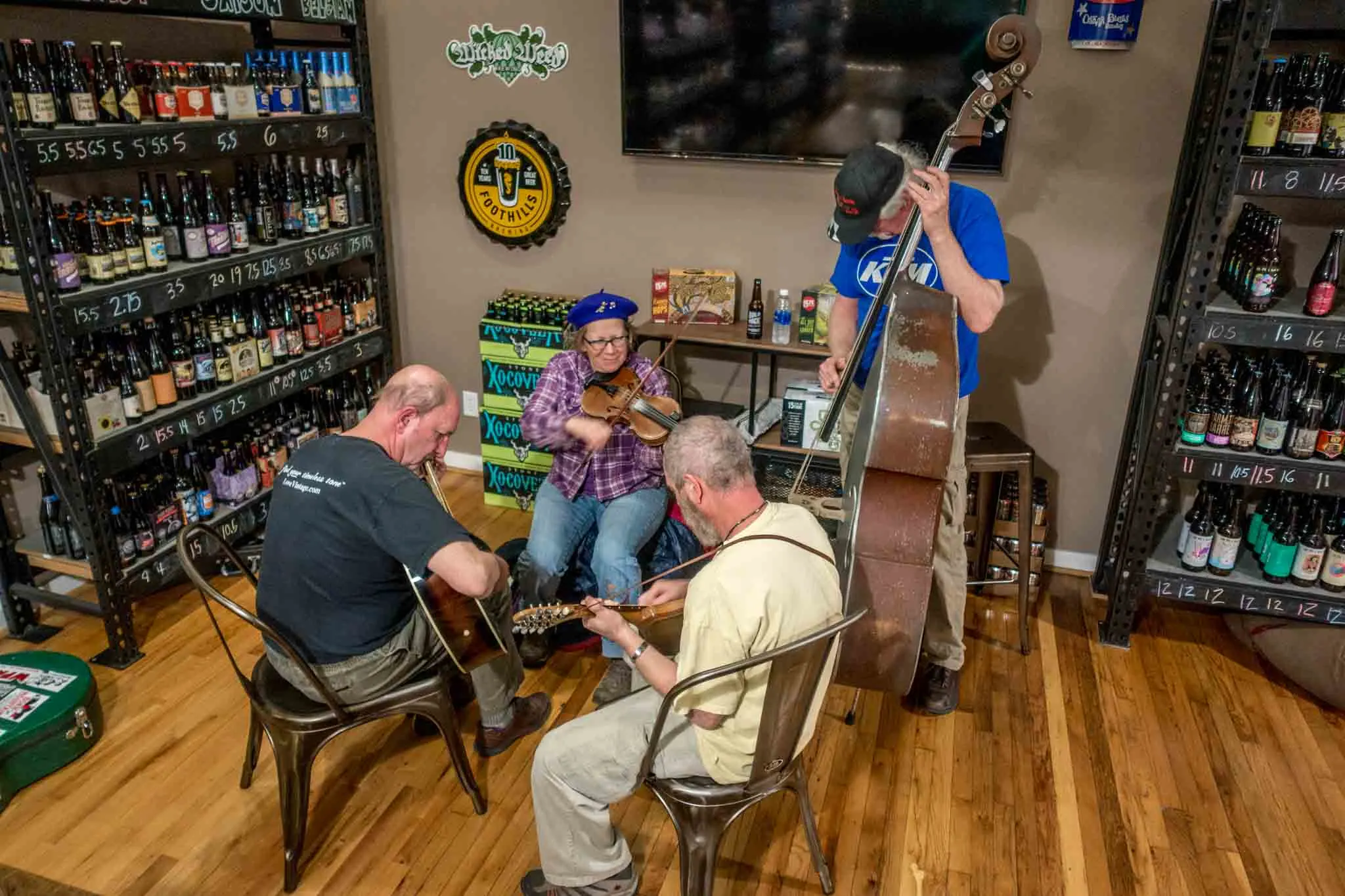 Musicians playing at a jam session.