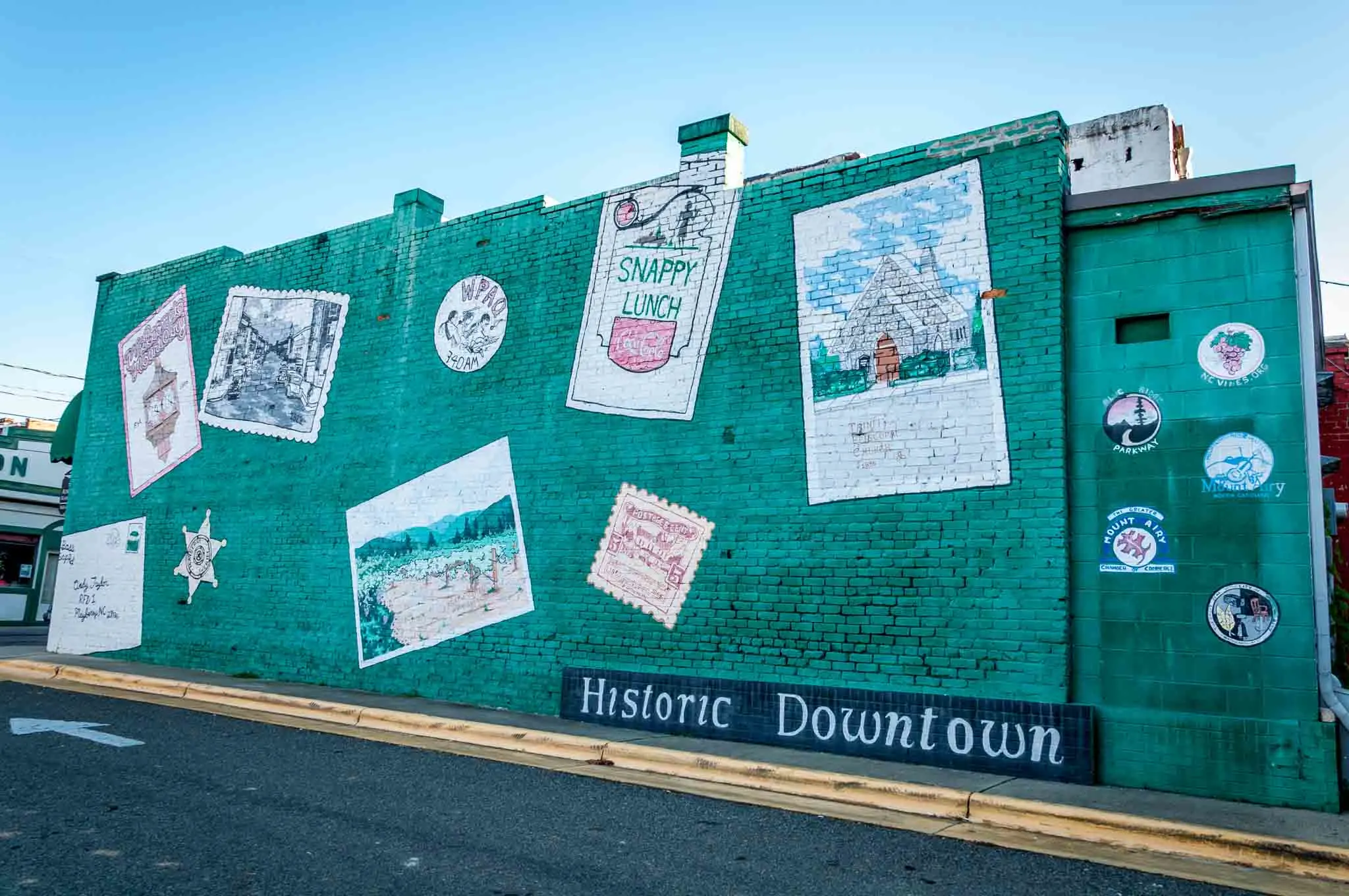 Scenes from Mayberry painted on a wall in Mt Airy NC