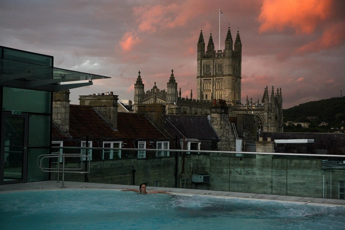 The Bath Abbey Cathedral from the Open-air Rooftop Pool at the Thermae Spa in Bath