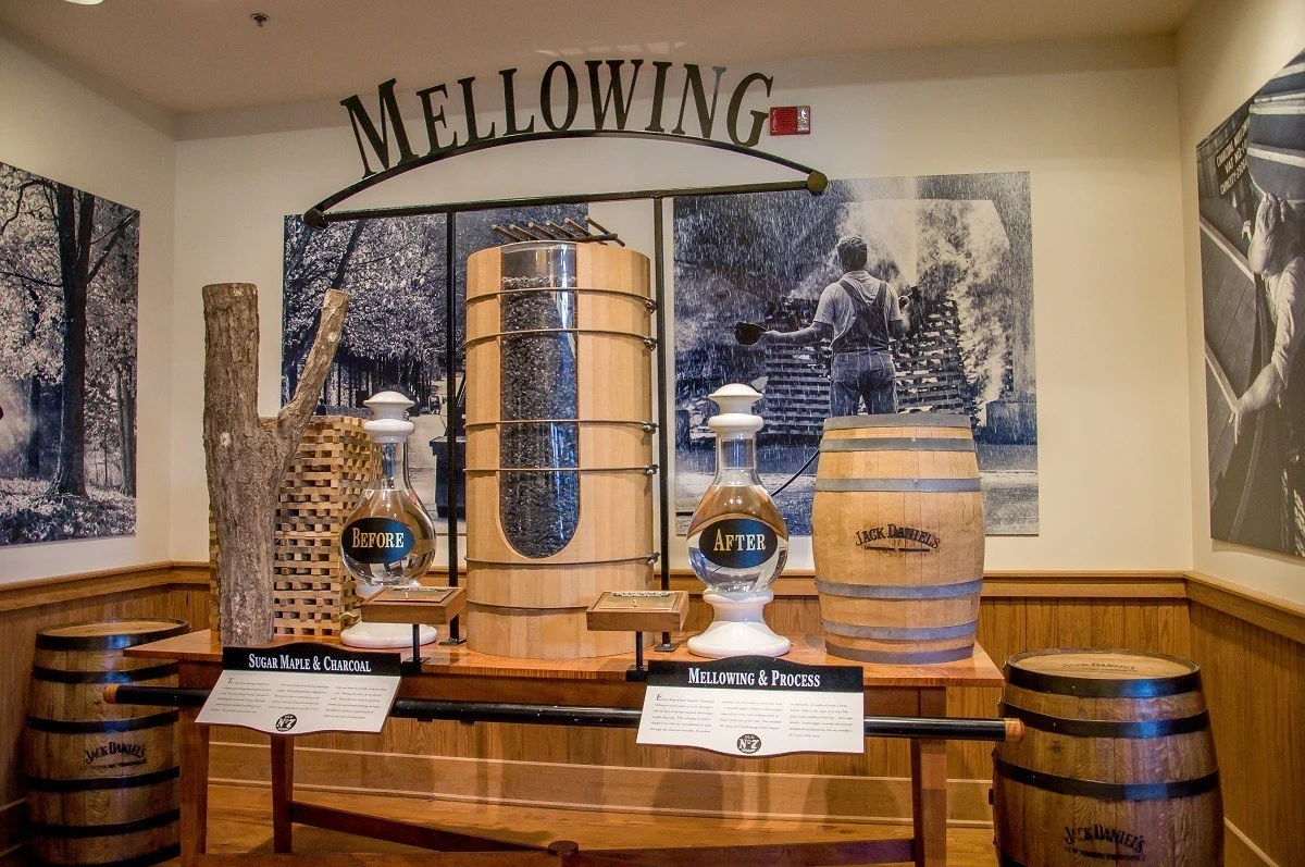 Exhibit showing the charcoal filtration process for Tennessee whiskey