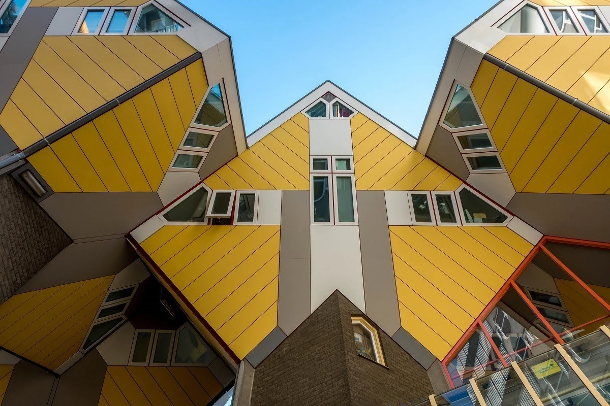 Close up of yellow Cube Houses