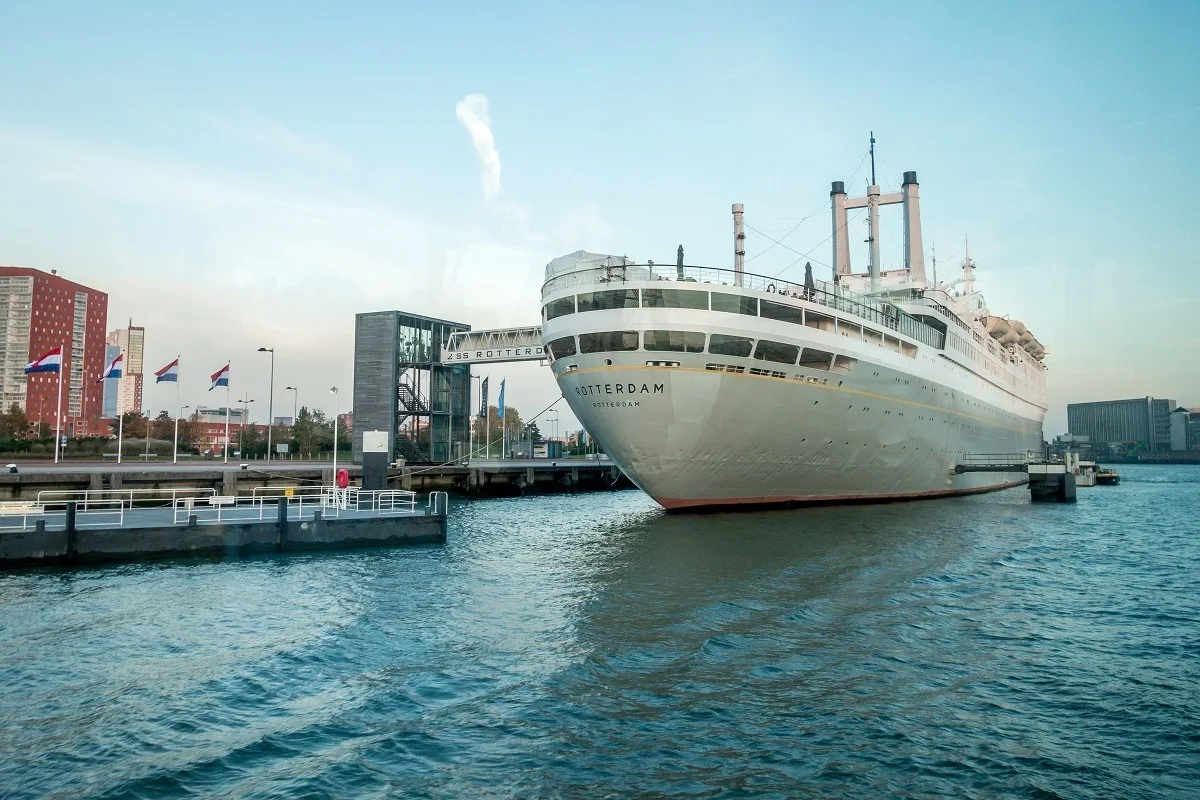 The ss Rotterdam ship docked as a museum and hotel in the port of Rotterdam.