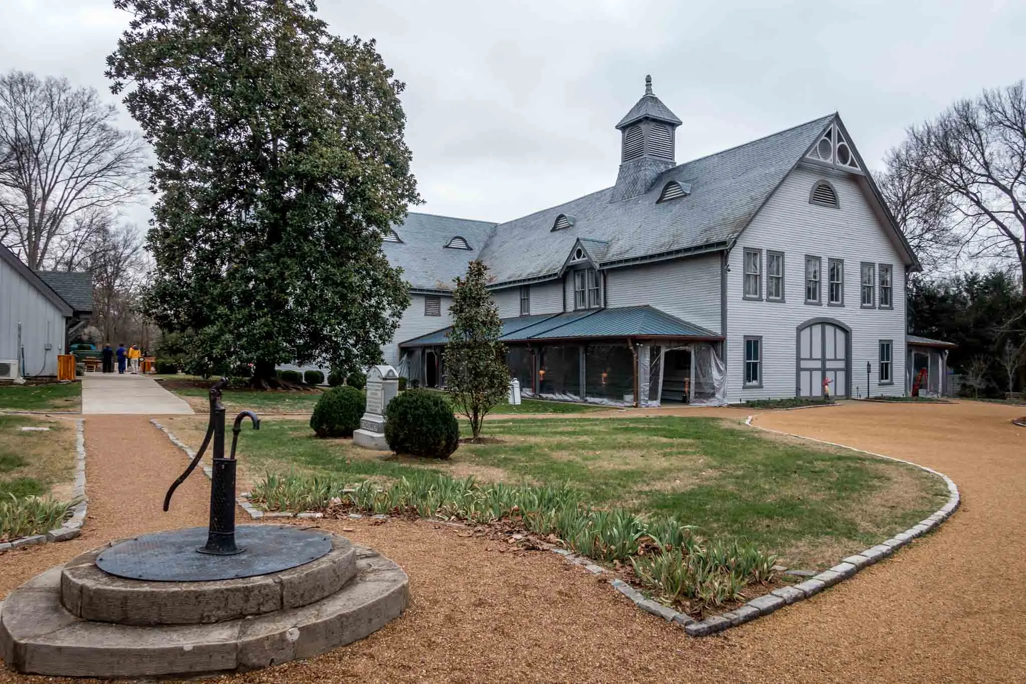 Gray carriage house and stables at Belle Meade Plantation in Nashville
