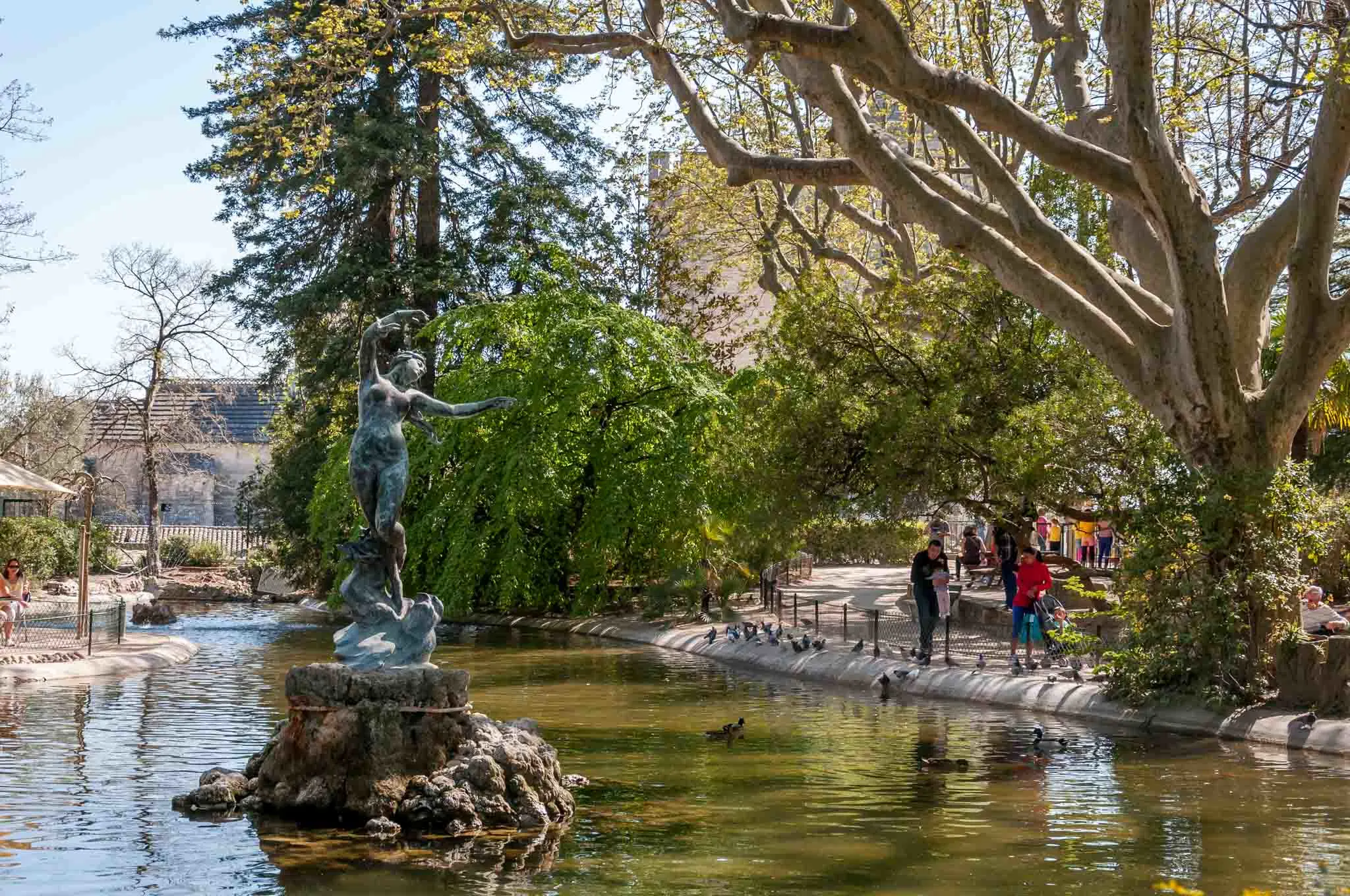 Fountain and pond in a park.