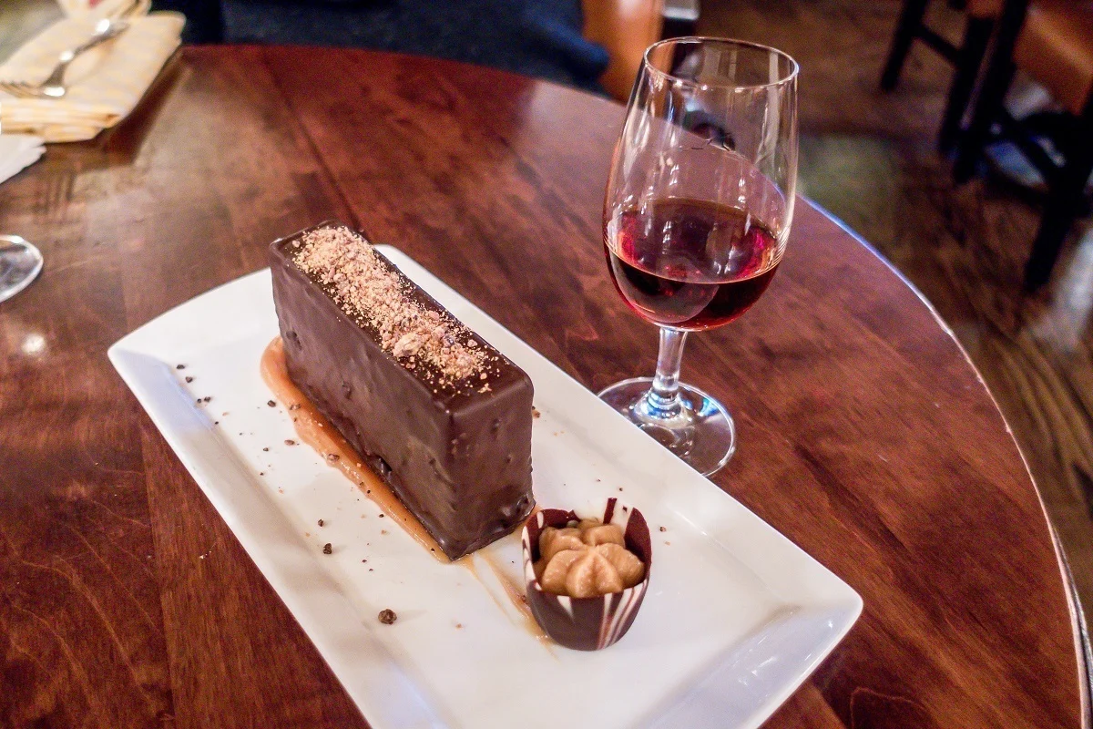 A drink of port and a chocolate dessert at the Oak Bar