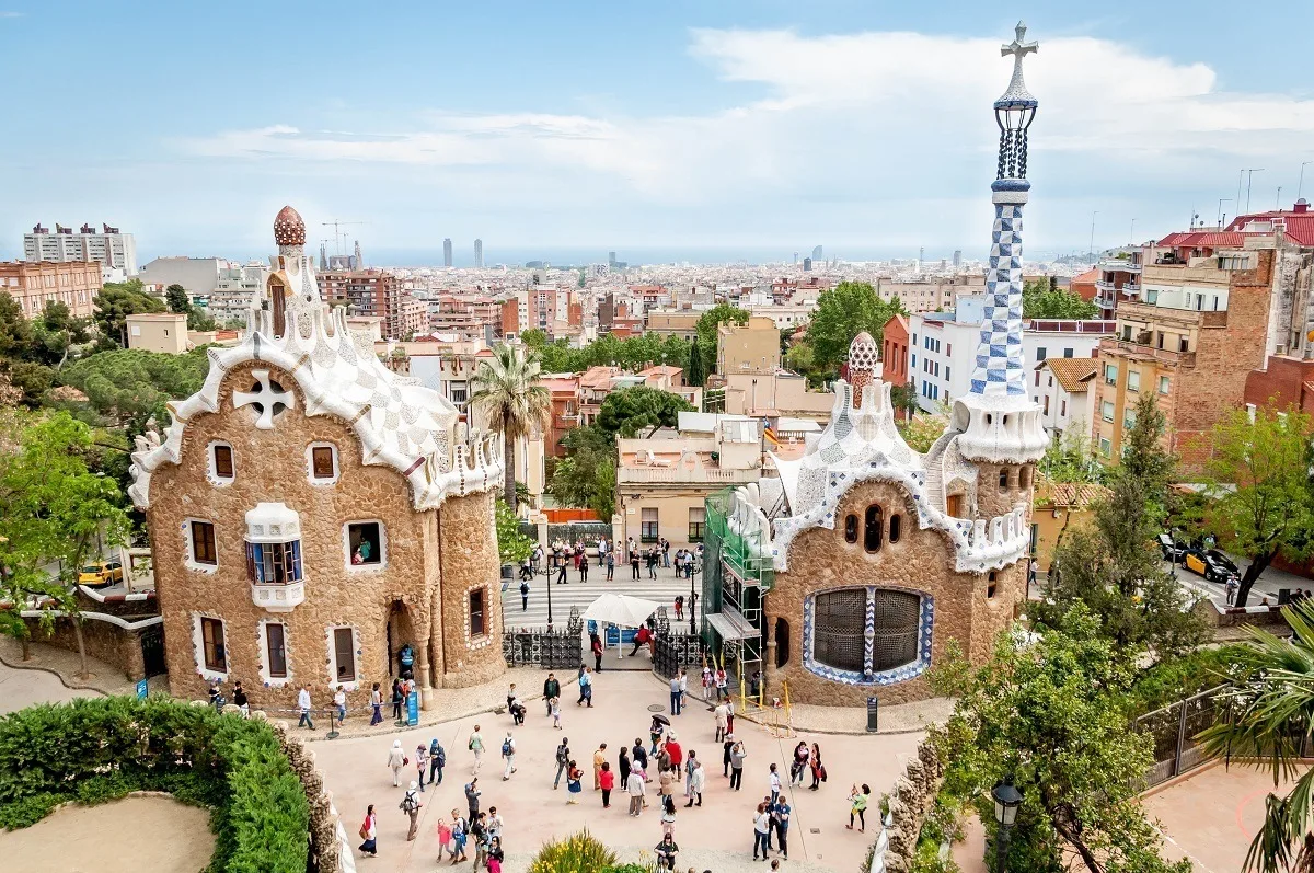 Stone buildings with fanciful decorations at Park Guell