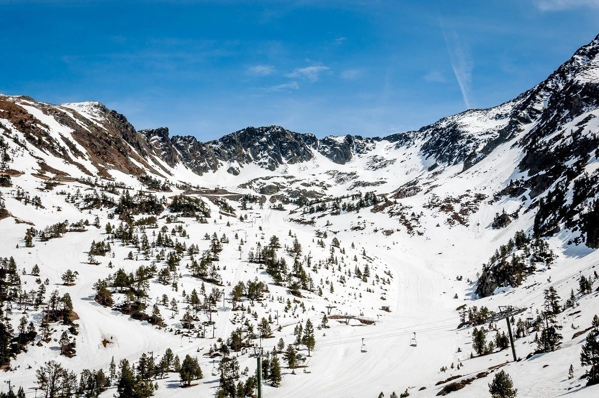 Ski lift and slopes at in Andorra in the winter