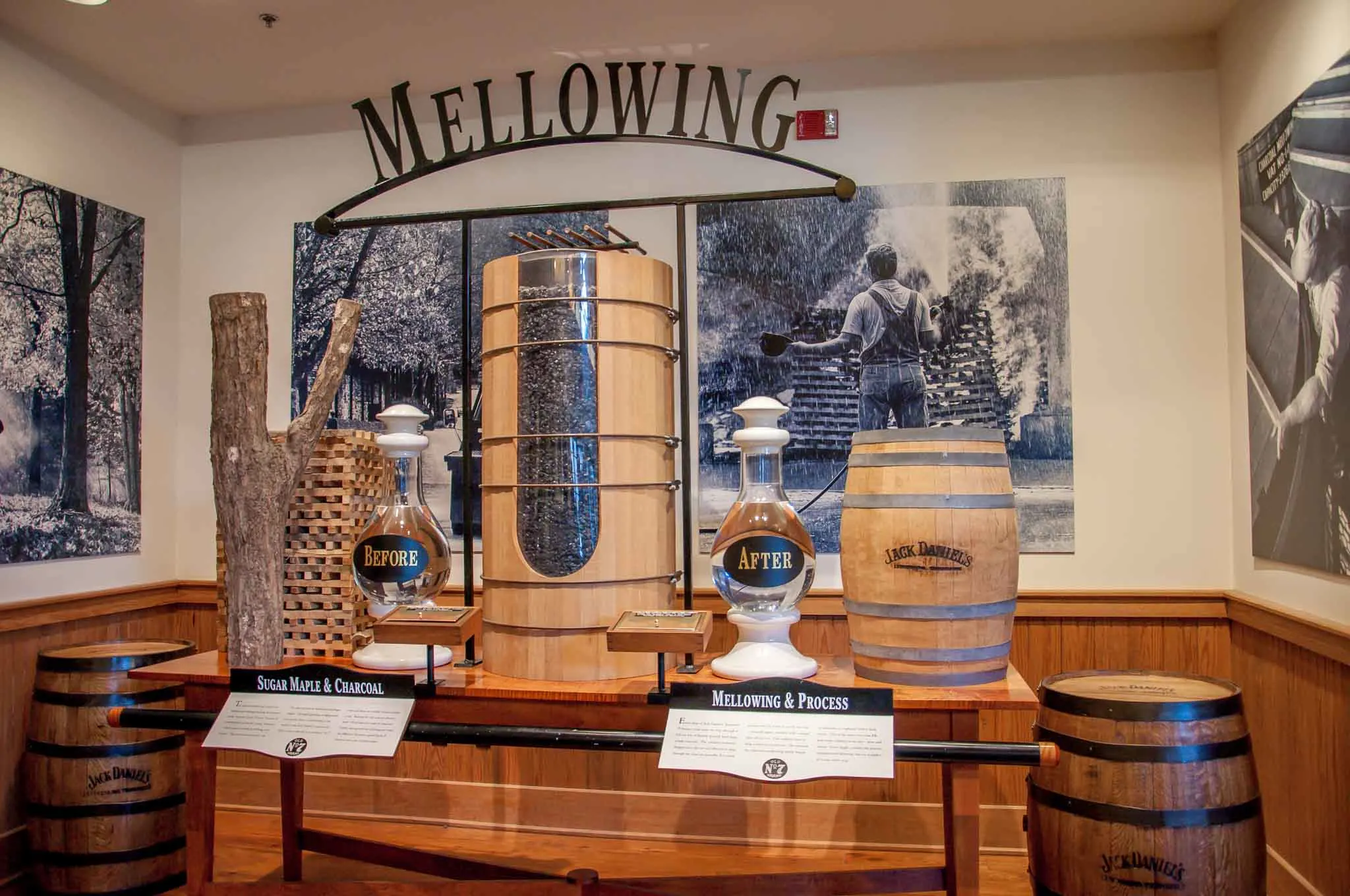 Display of grain and Tennessee whiskey filtering process 