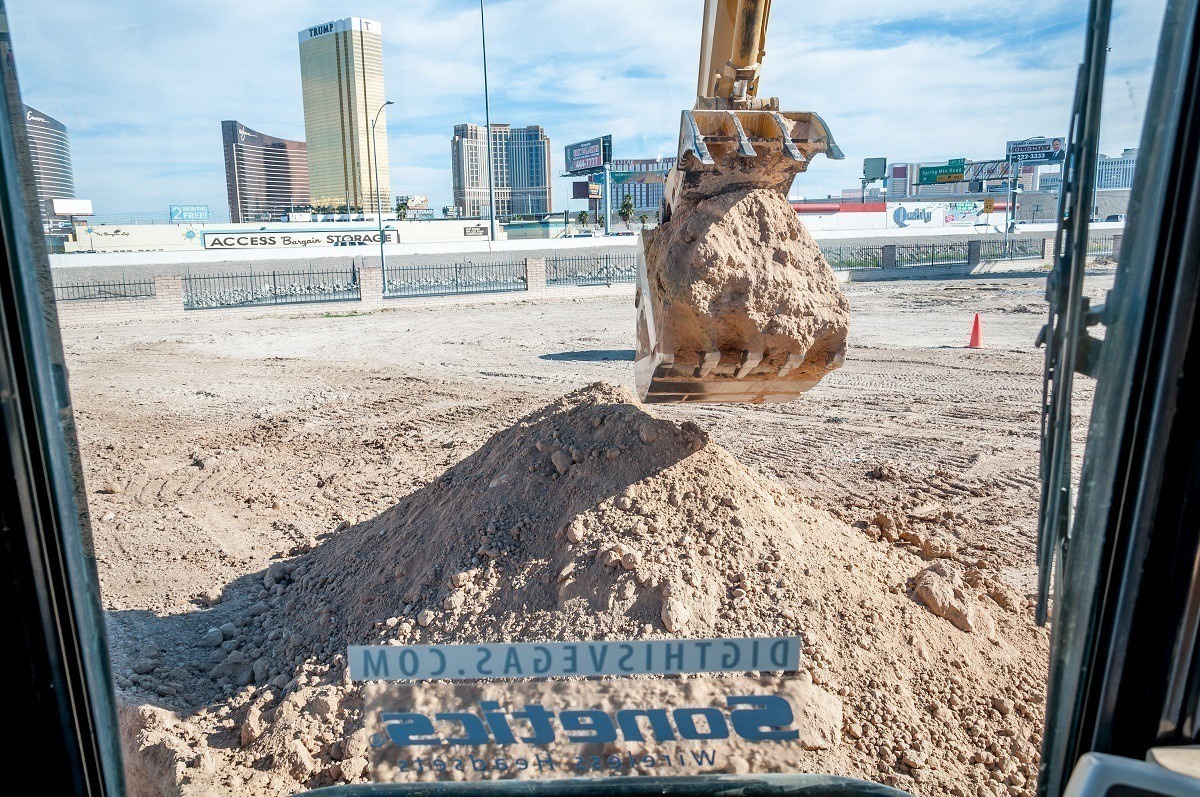 View of digging a trench from inside an excavator in Las Vegas
