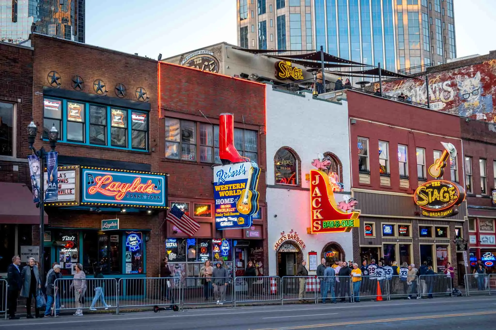 Exteriors and neon signs for honky tonks in Nashville, Tennessee.