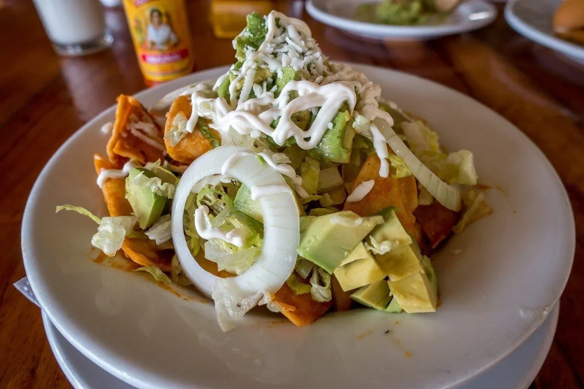 Chilaquiles topped with avocado on a plate