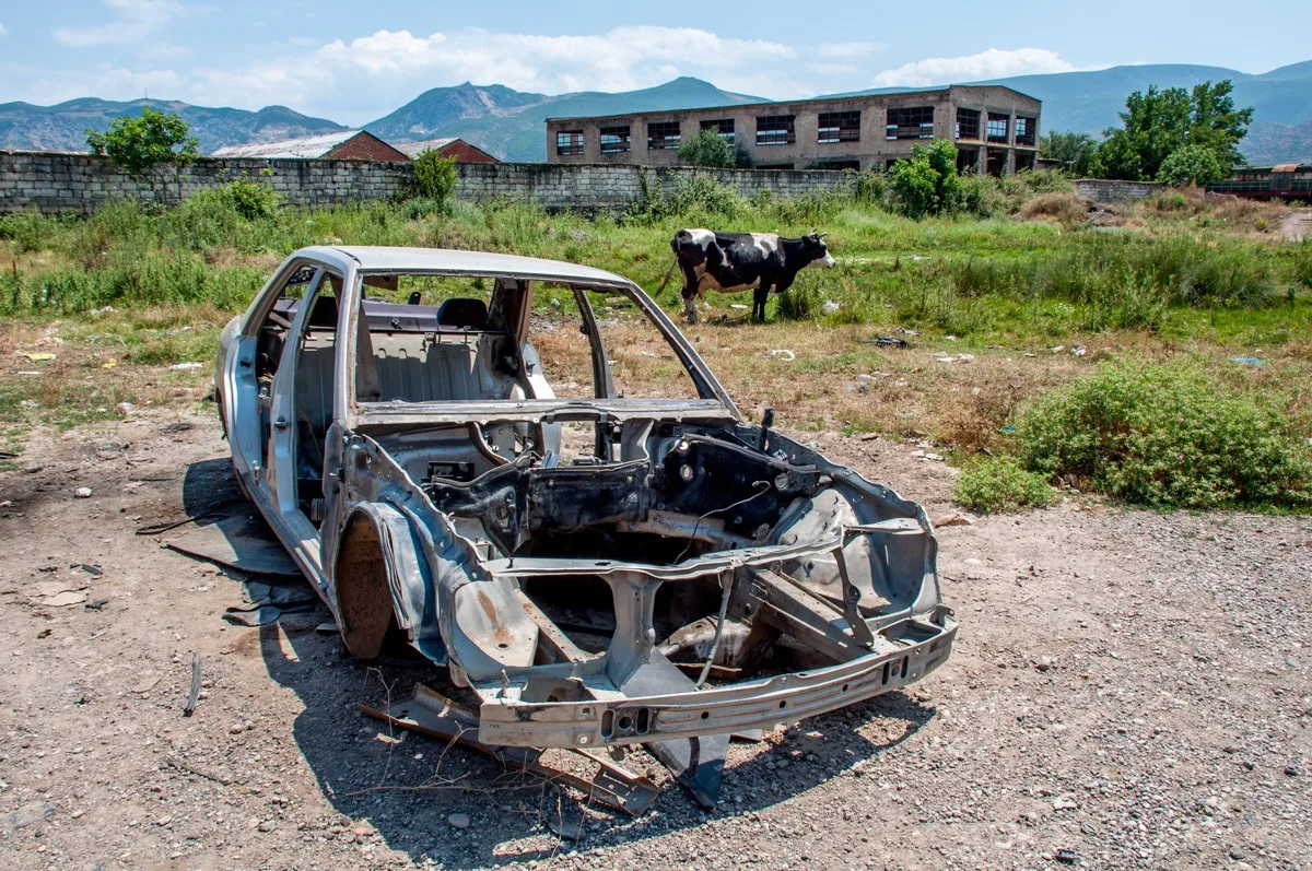 Car frame stripped of its parts