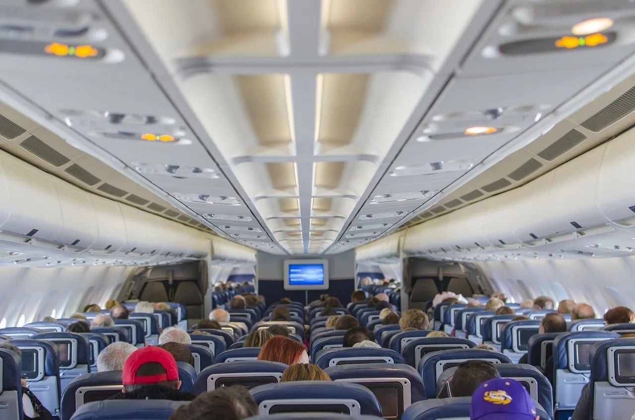 Interior of a plane on an international flight