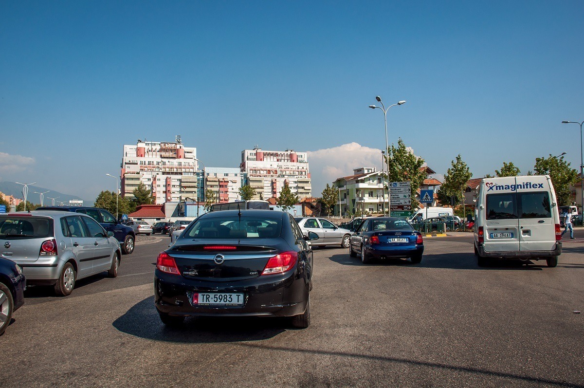 Complicated intersection of cars in Tirana, Albania