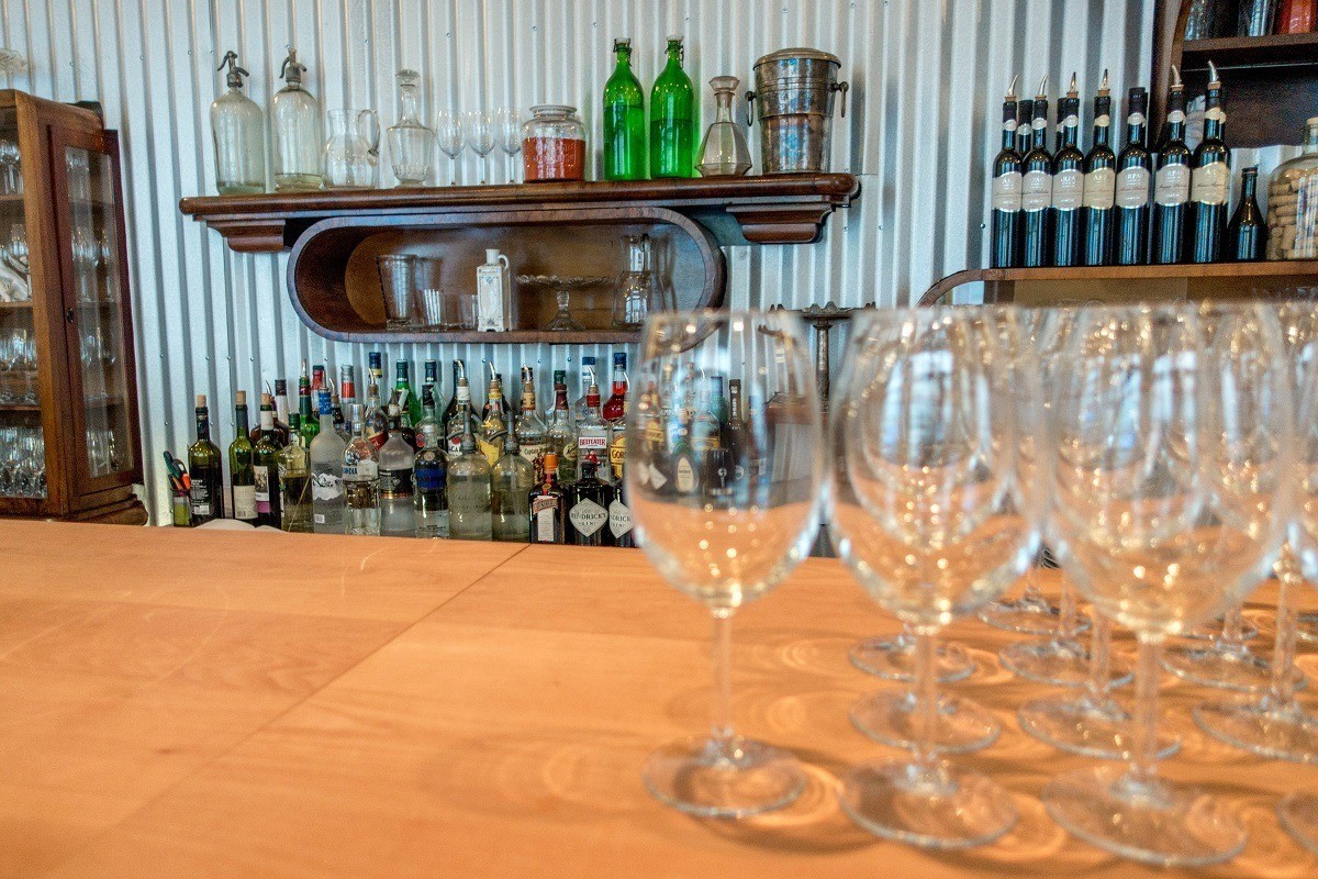 Wine glasses on a bar
