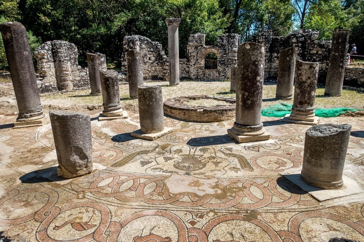 Mosaic and remains of columns in the baptistry at Butrint Albania