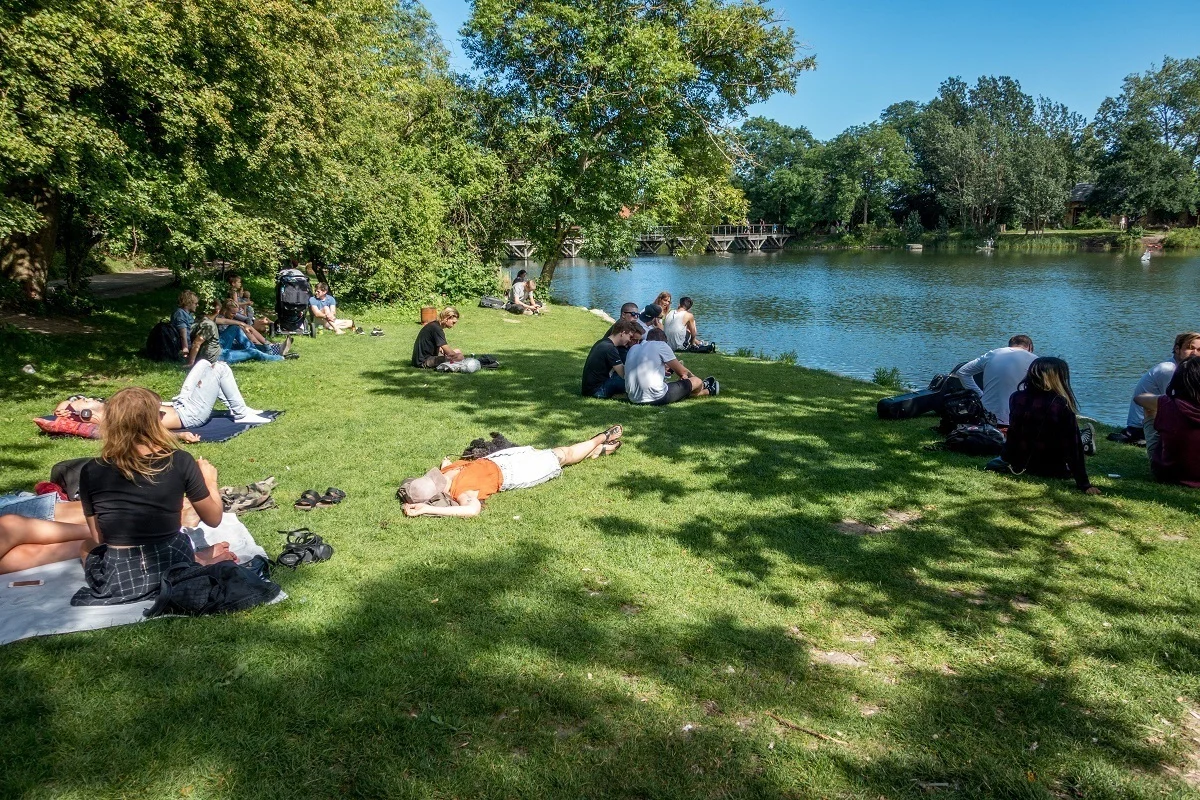 People relaxing by a lake