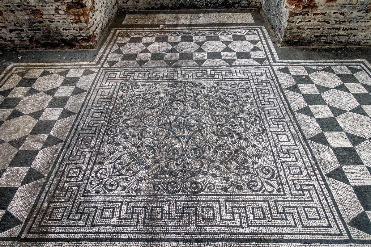 Black and white mosaic still in tact in Hadrian's Villa in Tivoli, Italy
