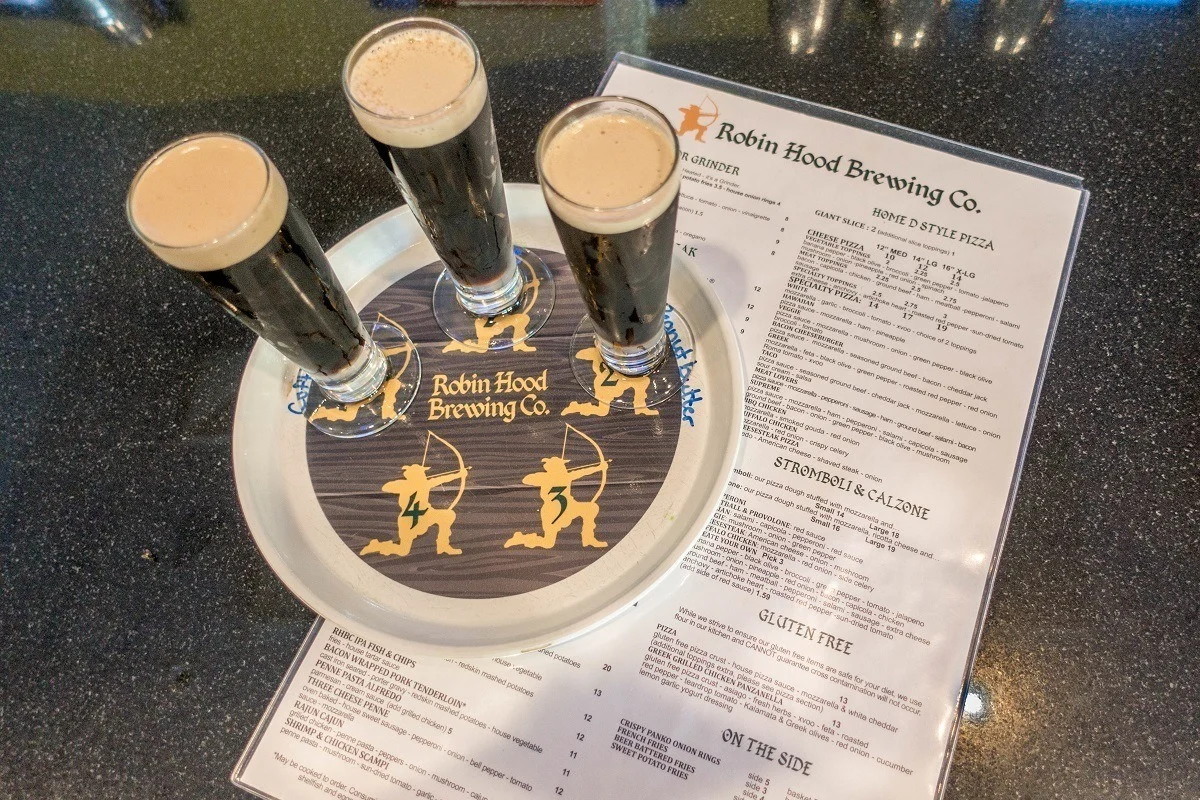 Beer tasting flight at Robin Hood Brewing Company