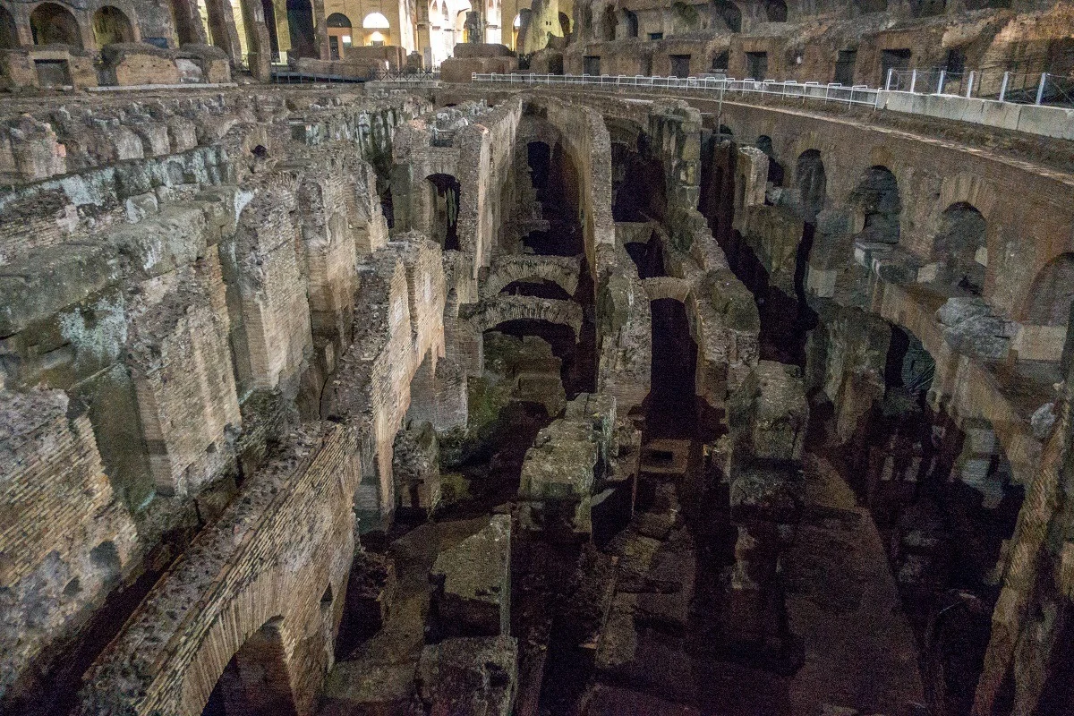 Underground tunnels of the Colosseum at night