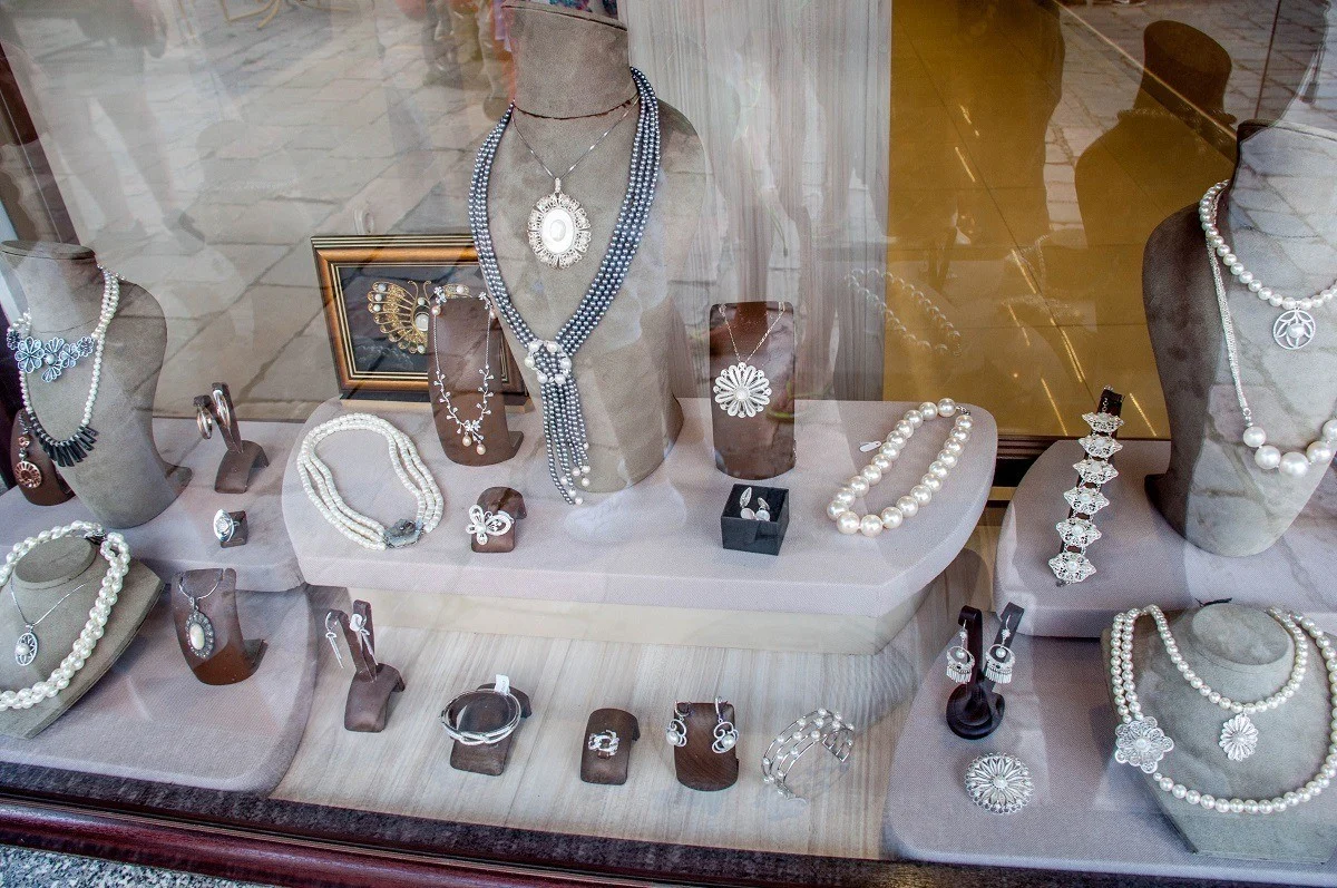 Jewelry made from Lake Ohrid pearls in the window of a store