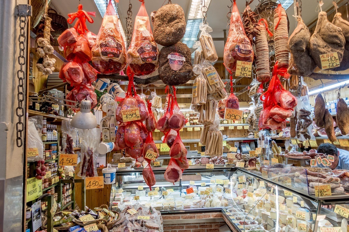 Cheese counter and sausages in a market