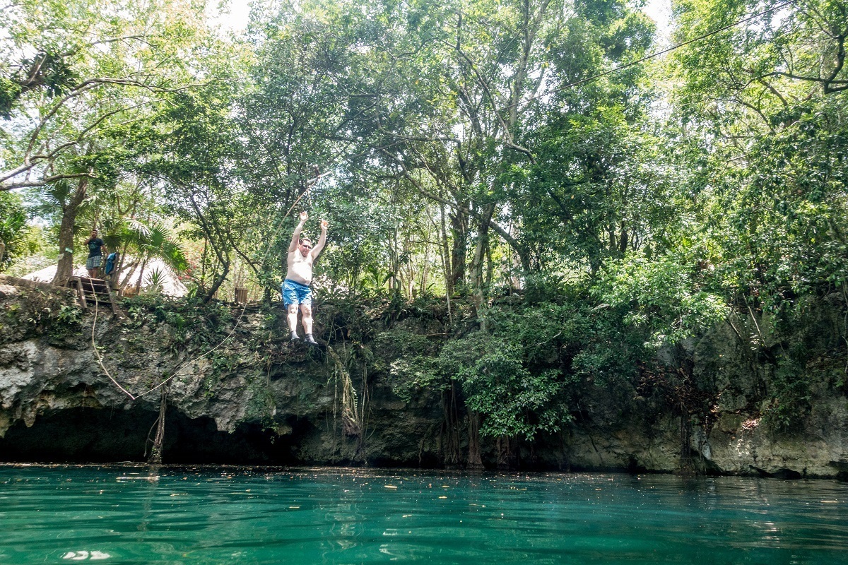 Lance on the zip line at the Cenote Verde Lucero on Riviera Maya's Cenote Trail