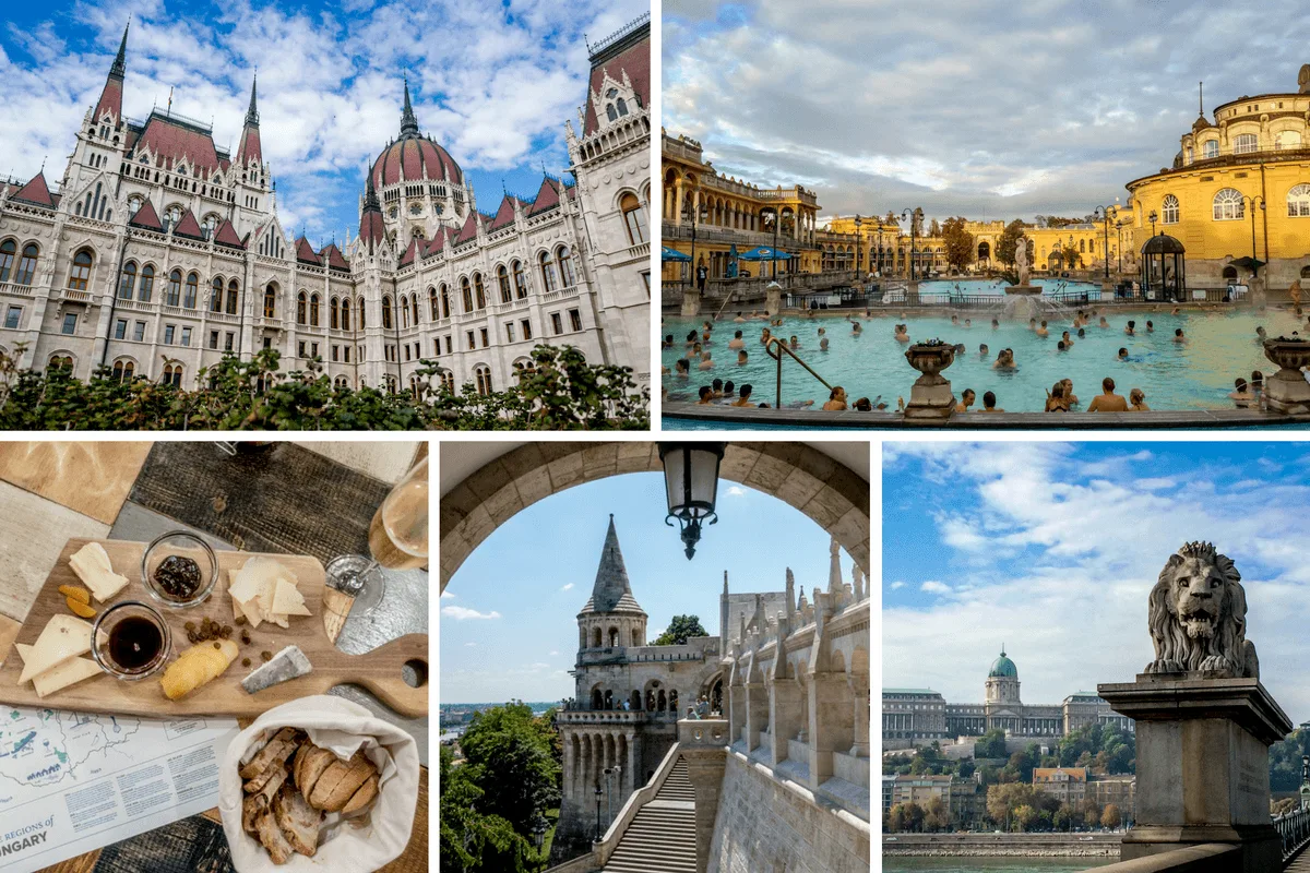 Buildings, pool, and food in Budapest