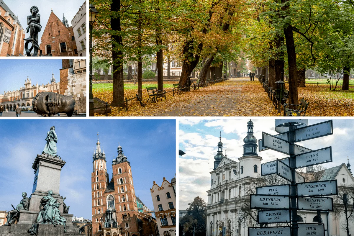 Trees in a park, street sign, and statues in Krakow, Poland