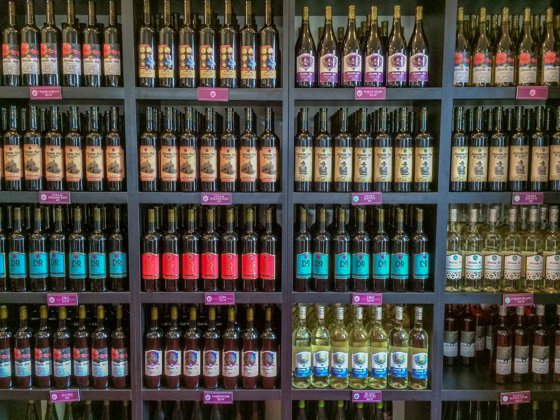 Shelves full of wine bottles at Messina Hof Winery