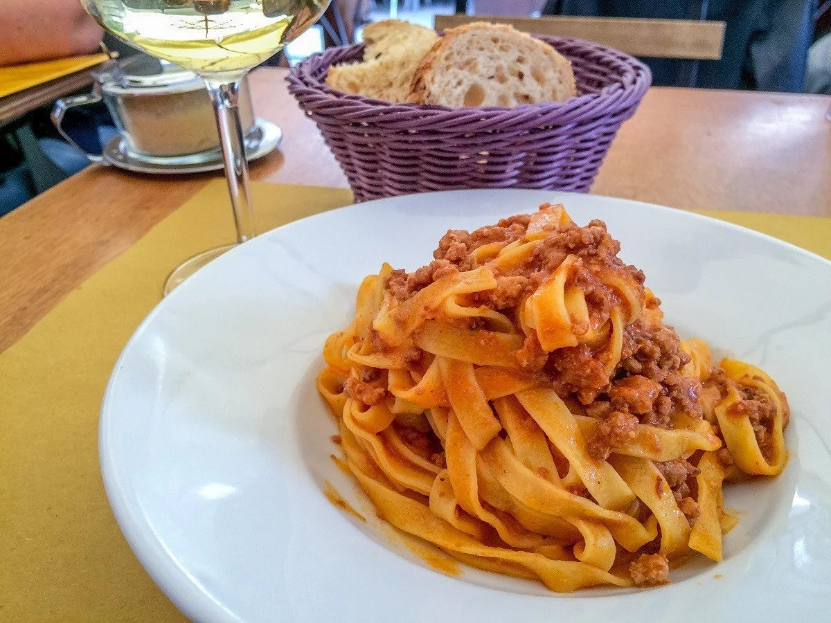 Tagliatelle al ragu pasta with meat sauce.