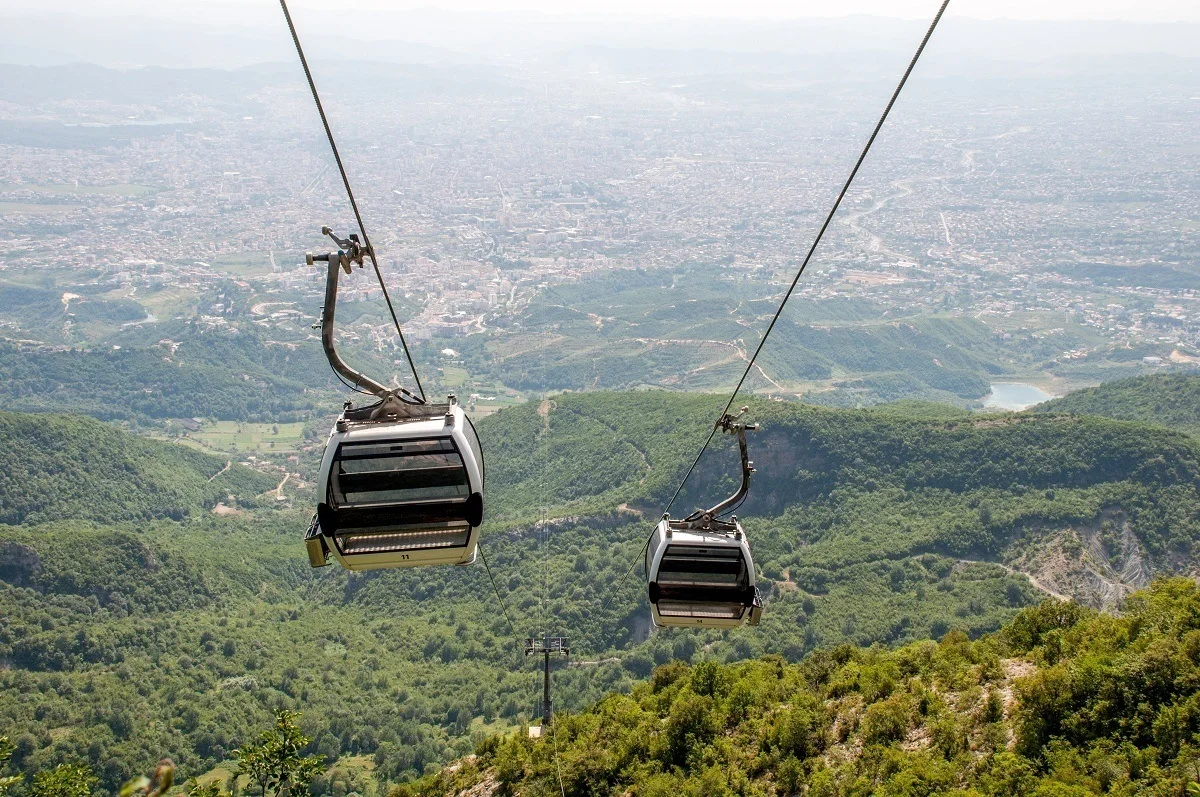 Cable cars high above a mountain