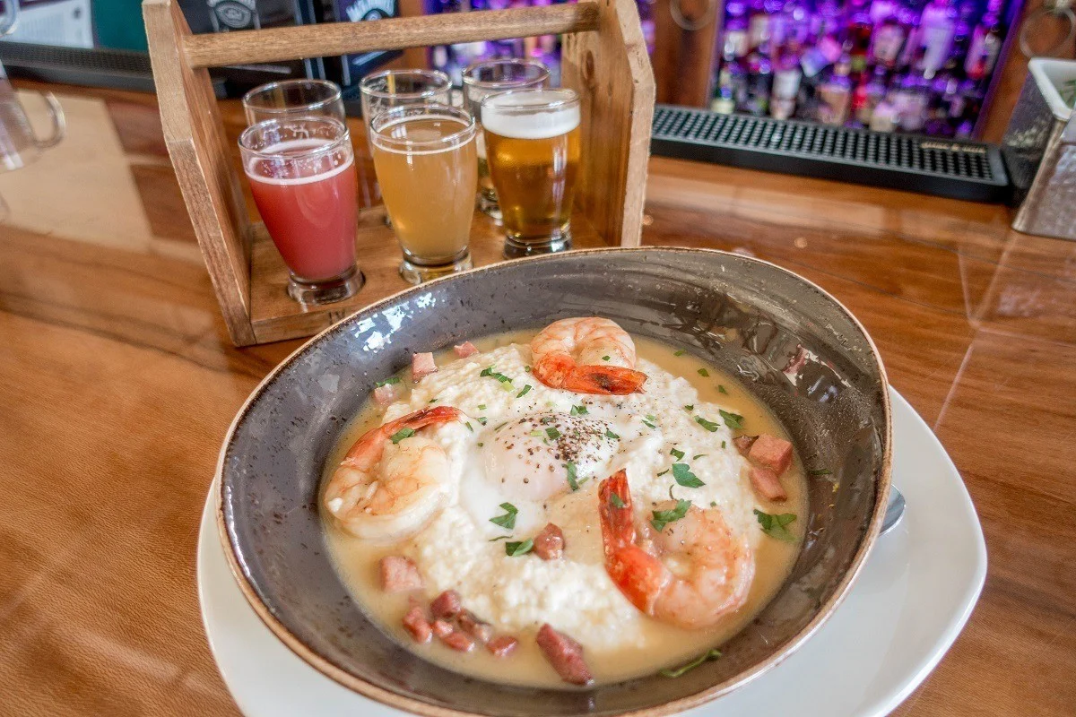 Shrimp and grits with a beer tasting flight at the Happy Valley Brewery in State College