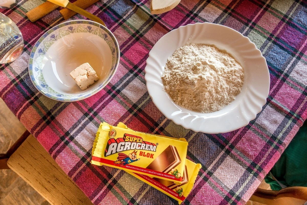The raw ingredients for Kifli in our Macedonian cooking class: butter, flour and chocolate