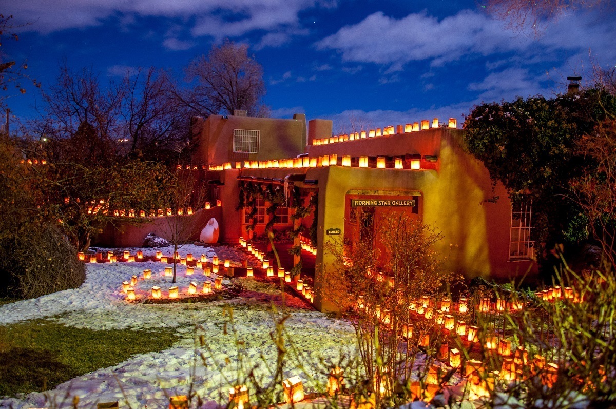 Art galleries in Santa Fe are decked out in lights in the winter