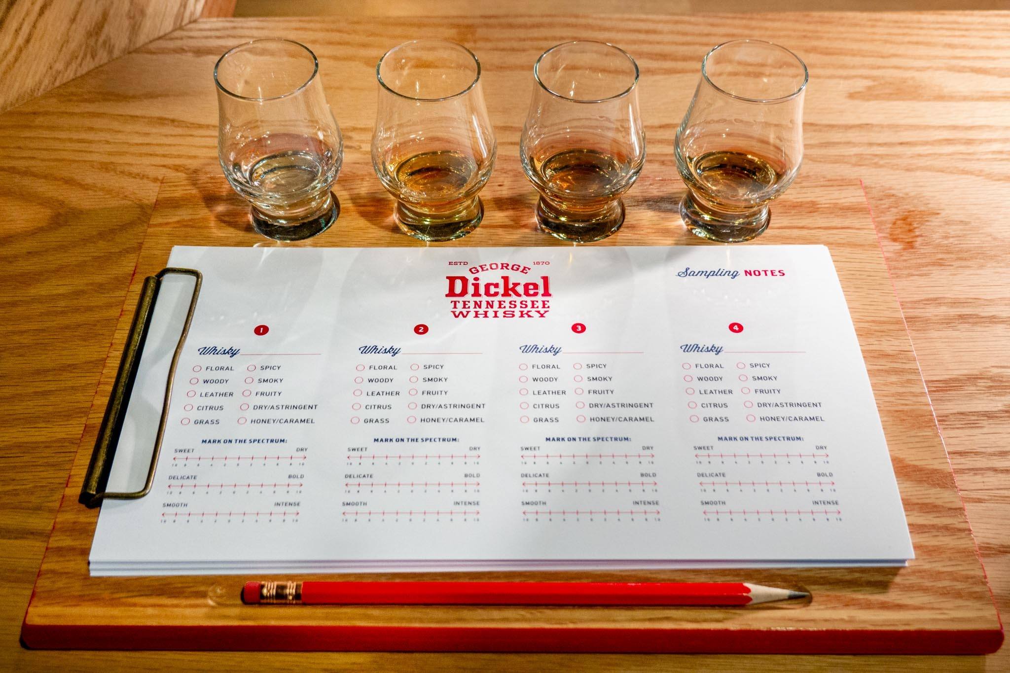 Four whiskey glasses and tasting notes at Cascade Hollow Distilling