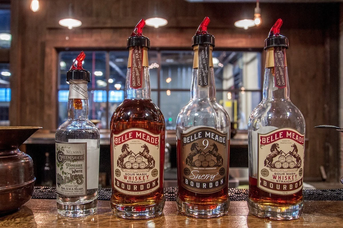 Four whiskey bottles at Nelson's Green Brier Distillery in Nashville