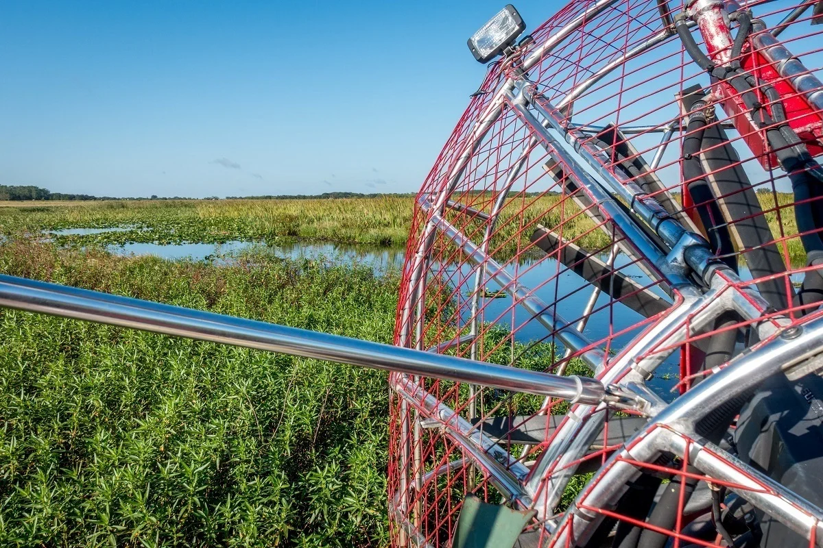 Close up of an airboat fan in a swamp