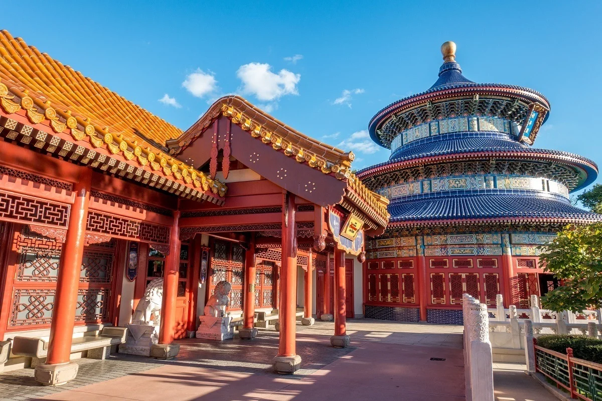 Vibrant China pavilion with Chinese decorations and statues