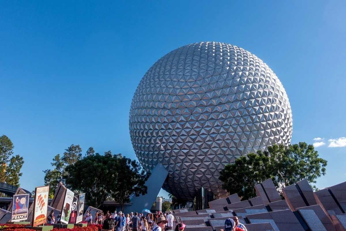Entrance to Epcot with silver sphere building