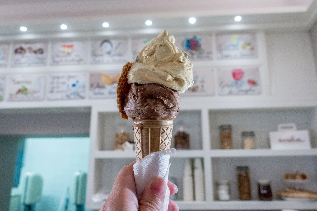 Two scoops of gelato in a cone