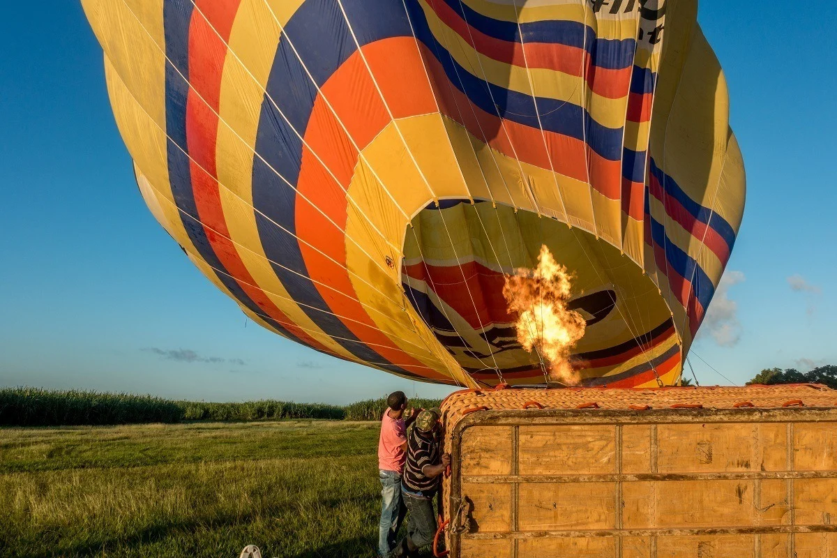 Pilot light inflating a hot air balloon in Punta Cana, Dominican Republic