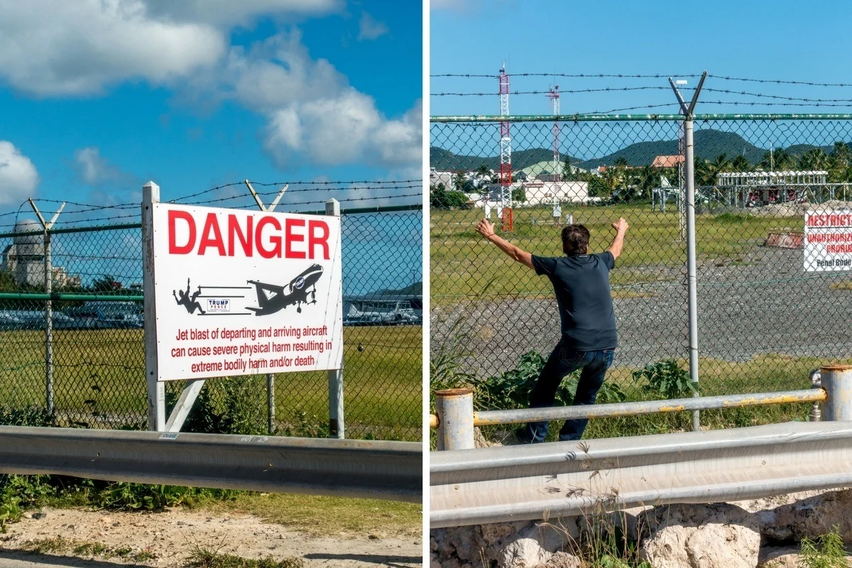 Warning sign telling visitors not to fence surf and a man on the fence