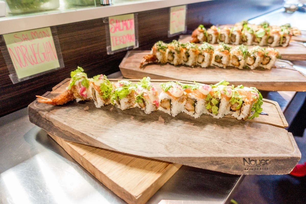 Sushi rolls on display