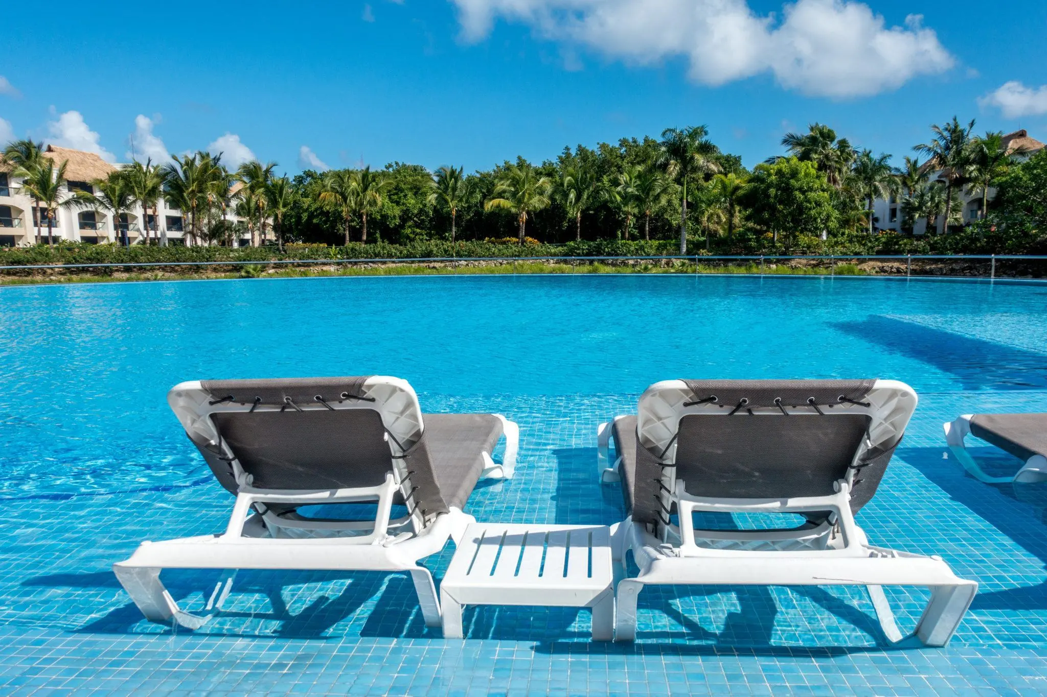 Lounge chairs at the edge of a pool