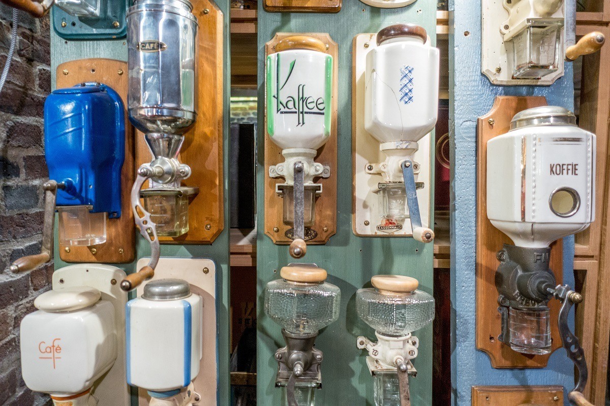 Coffee grinders on display at the Kaffeemuseum in Hamburg, Germany