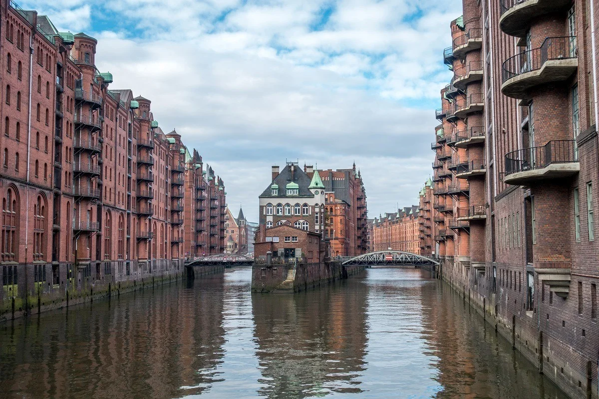 Rows of buildings and canal in The Speicherstadt warehouse district in Hamburg, Germany