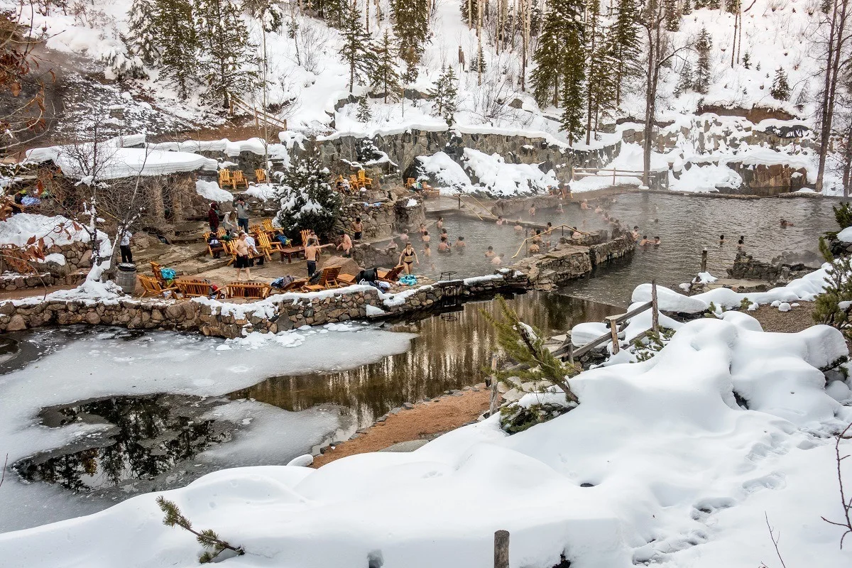 The Strawberry Park hot springs in Steamboat in the snow